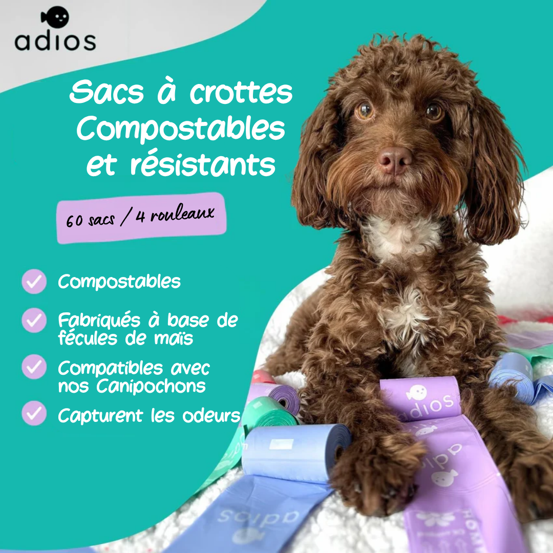 Lot de 4 rouleaux de sacs à crottes compostables ADIOS PLASTIC