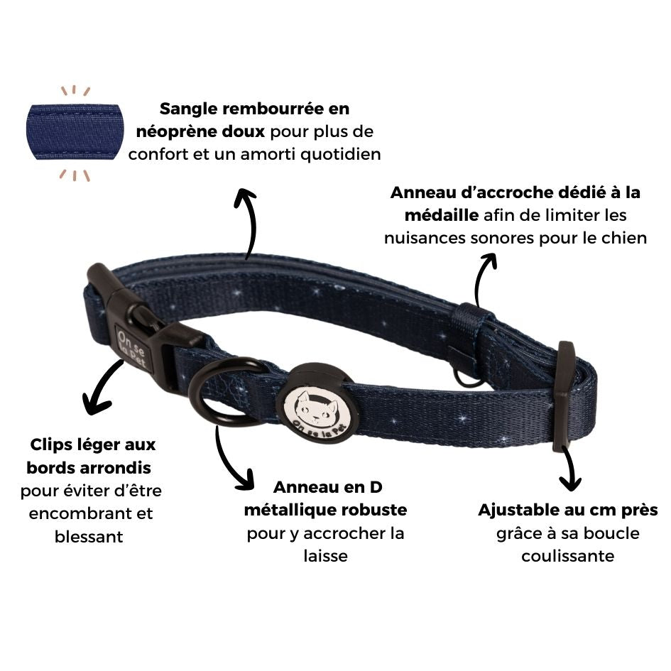 Collier pour Chien Rembourré et Ajustable - Bleu nuit